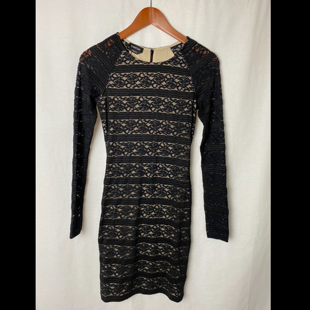 Bebe Black and Nude Long Sleeve Lace Dress